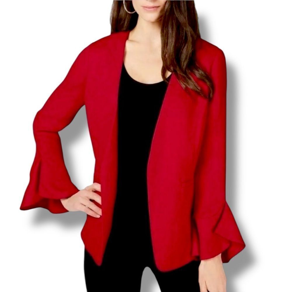 Red Collarless Long Bell Sleeves Open Front Lightweight Blazer NEW